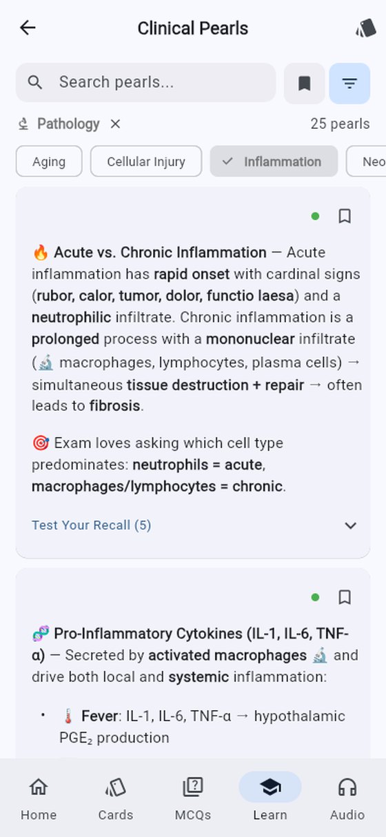 Clinical Pearls filtered to Pathology, Inflammation: Acute vs. Chronic Inflammation pearl with bolded cardinal signs (rubor, calor, tumor, dolor) and a second pearl on pro-inflammatory cytokines IL-1, IL-6, TNF-alpha.