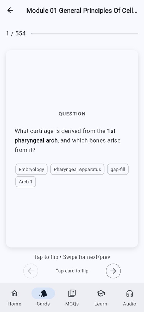Flashcard study: card 1 of 554, question about the cartilage derived from the first pharyngeal arch, tagged Embryology, Pharyngeal Apparatus, gap-fill, and Arch 1, with tap-to-flip and swipe-to-advance controls.