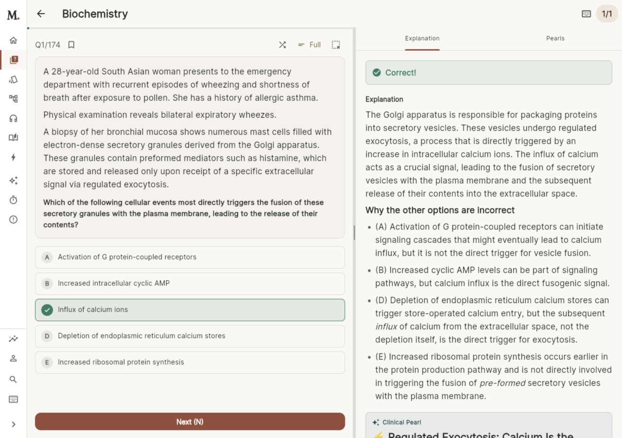 MedRune biochemistry practice: a formatted clinical question and selected answer on the left, with a structured explanation and distractor bullets on the right.